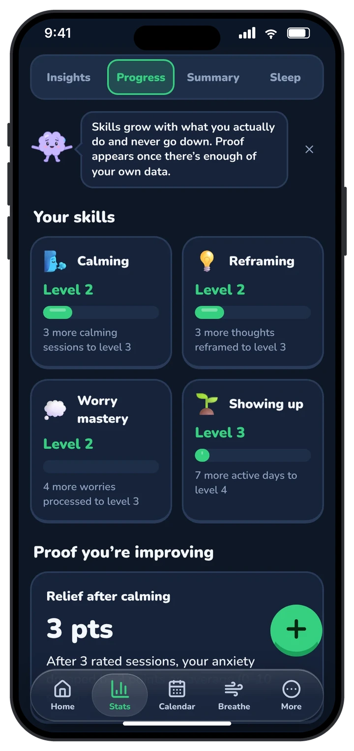 Wobbi progress screen with skill levels