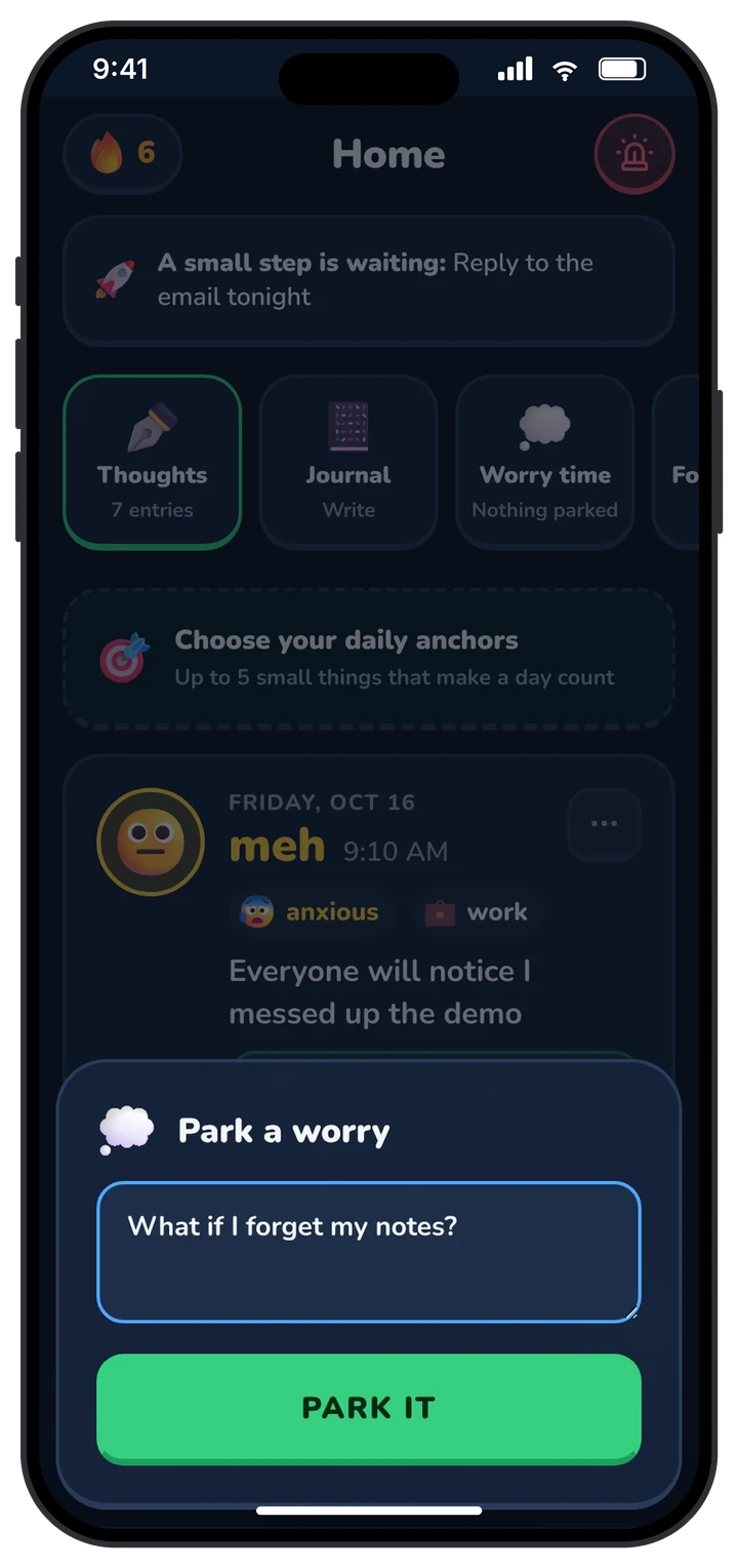 Wobbi worry time screen with parked and reviewed worries